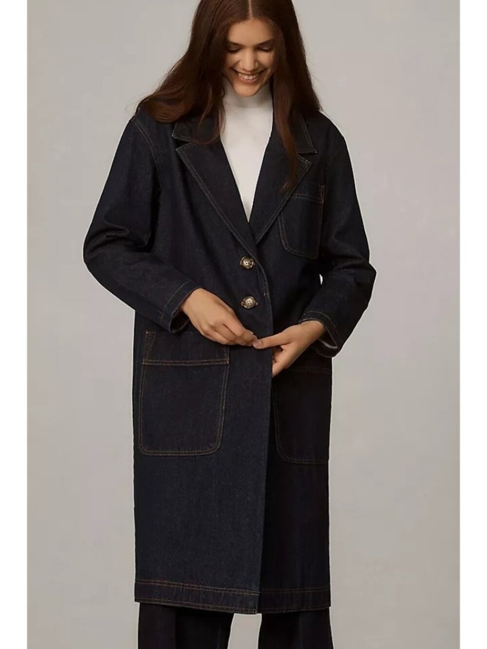 Anthropologie Pilcro‎ Polished Denim Trench Coat Dark Wash Longline Size Small